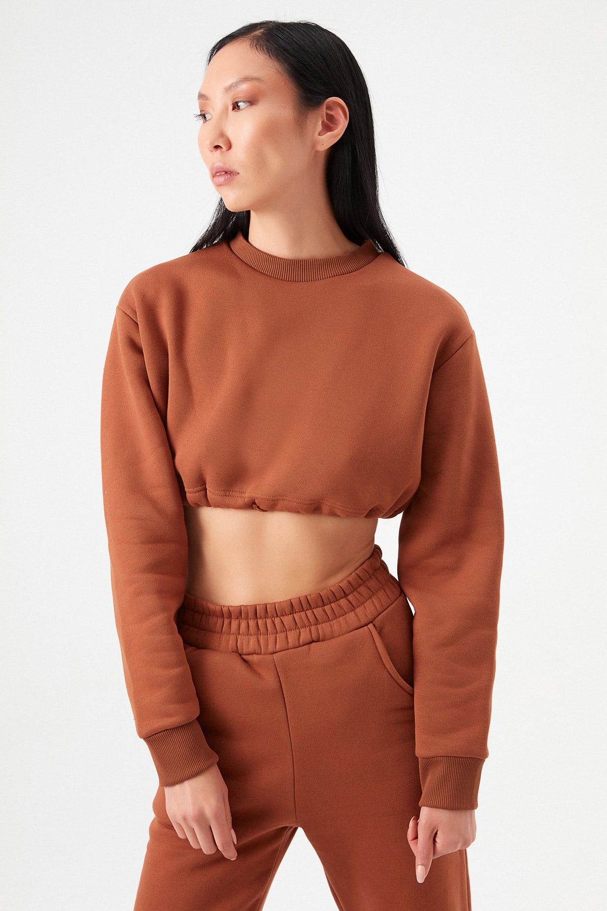 Crop Şardonlu Beli Büzgülü Sweatshirt |  