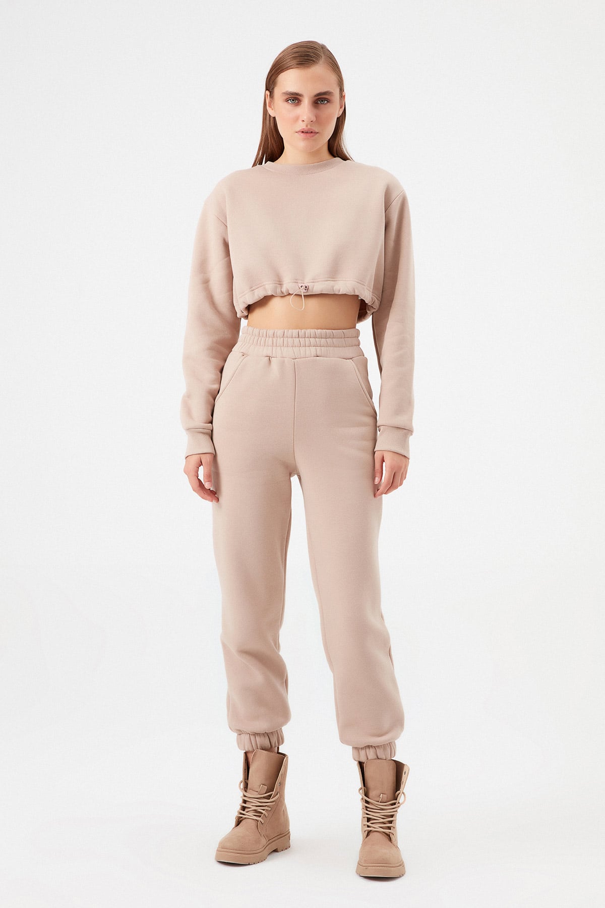 Crop Şardonlu Beli Büzgülü Sweatshirt |  