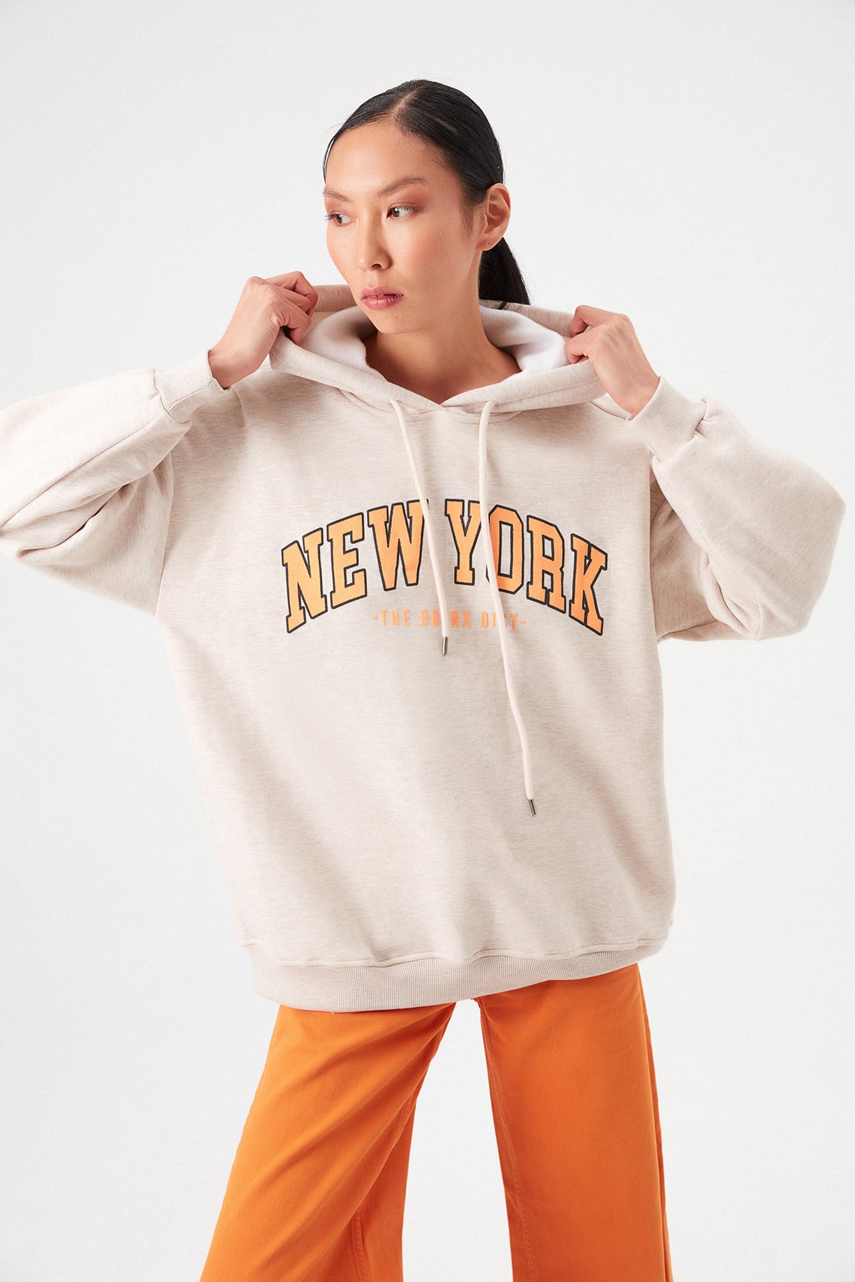 Oversize Kapüşonlu New York Baskılı Sweartshirt |  