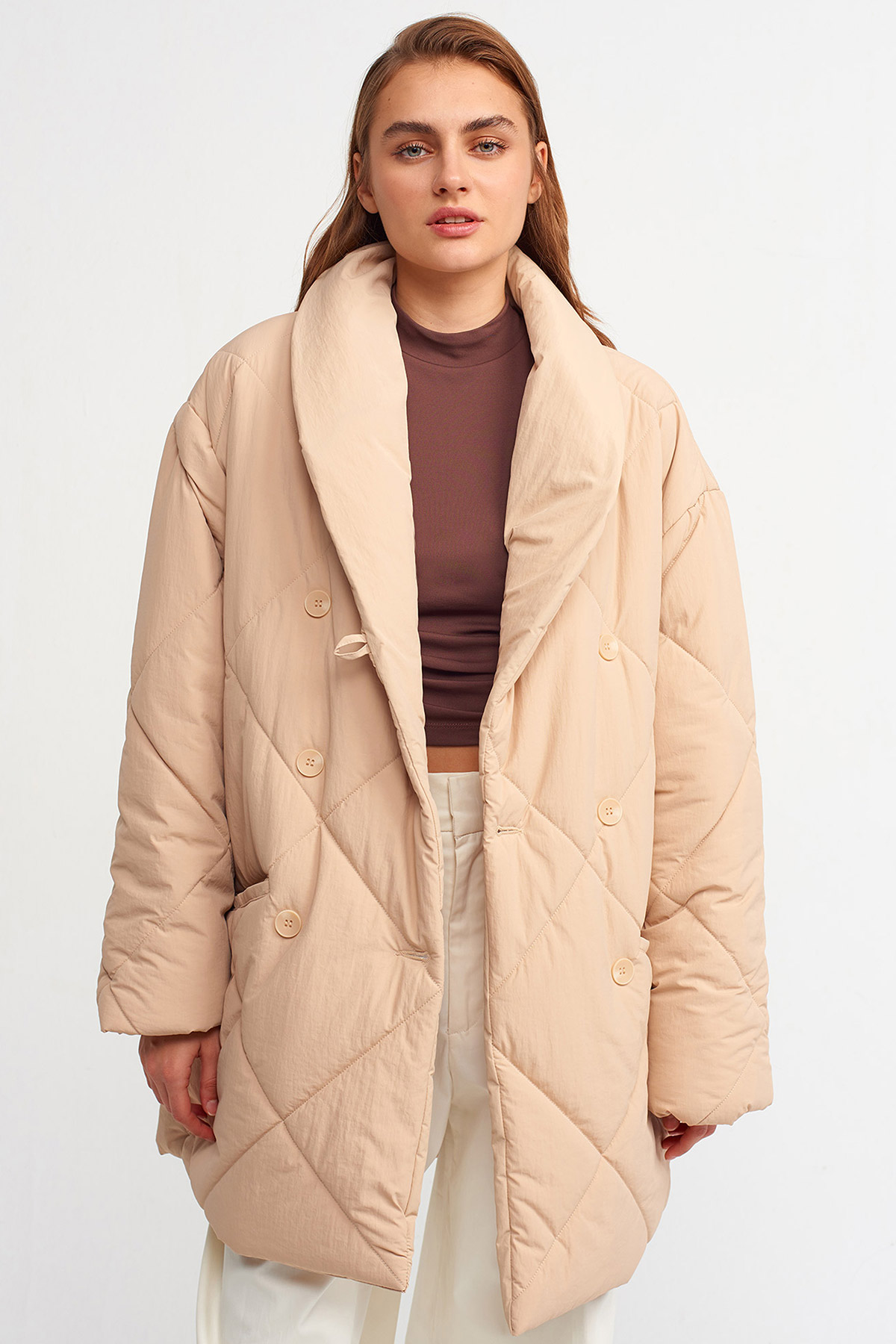 Oversize Kruvaze Kapitone Şişme Mont |  