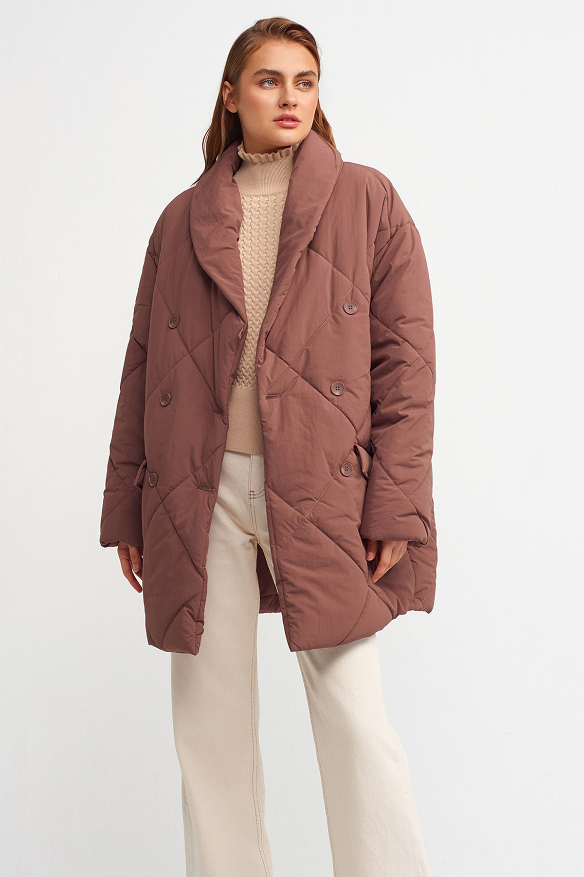 Oversize Kruvaze Kapitone Şişme Mont |  