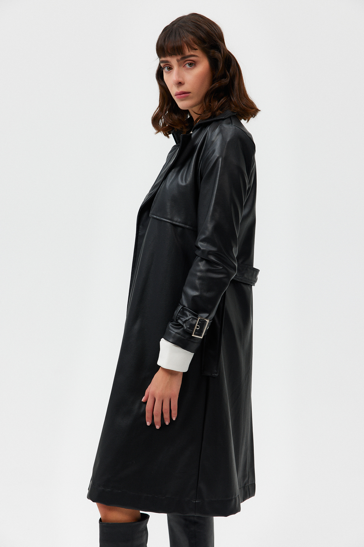 Oversize Su Geçirmez Suni Deri Vintage Trençkot | Açelya Okçu 