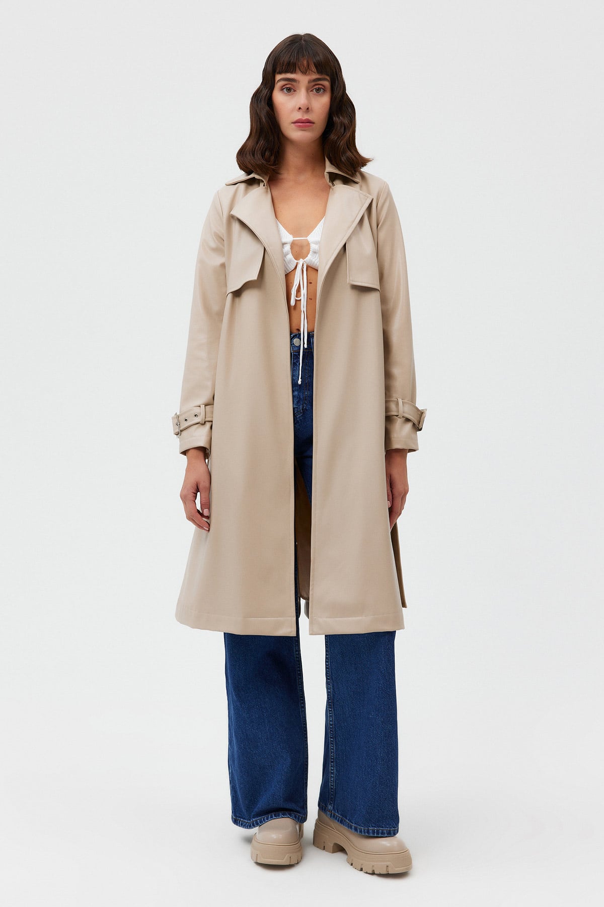 Oversize Su Geçirmez Suni Deri Vintage Trençkot |  