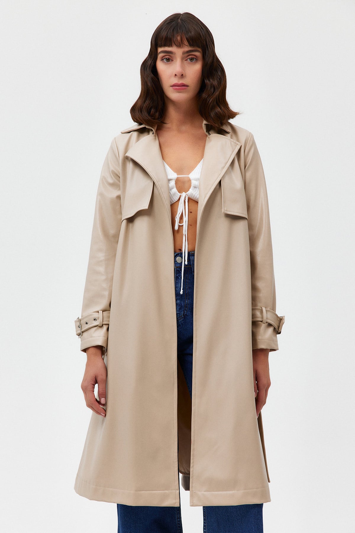 Oversize Su Geçirmez Suni Deri Vintage Trençkot |  