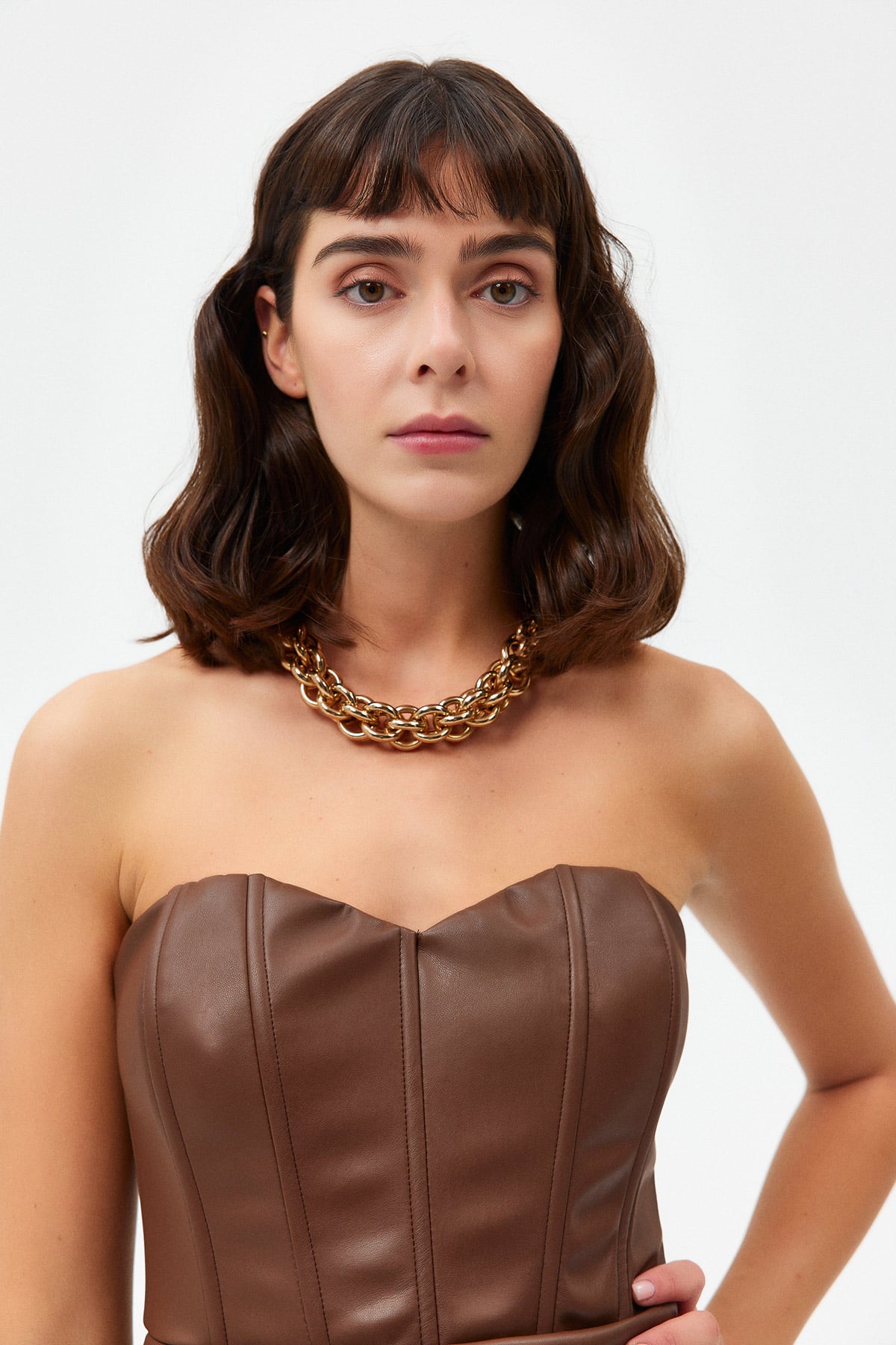 Straplez Suni Deri Drape Detaylı Elbise |  