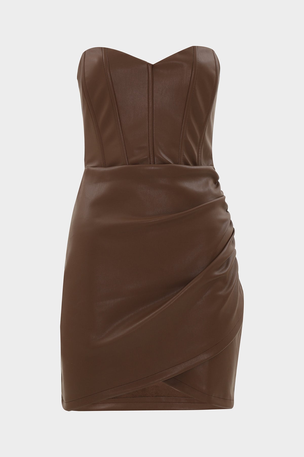 Straplez Suni Deri Drape Detaylı Elbise |  