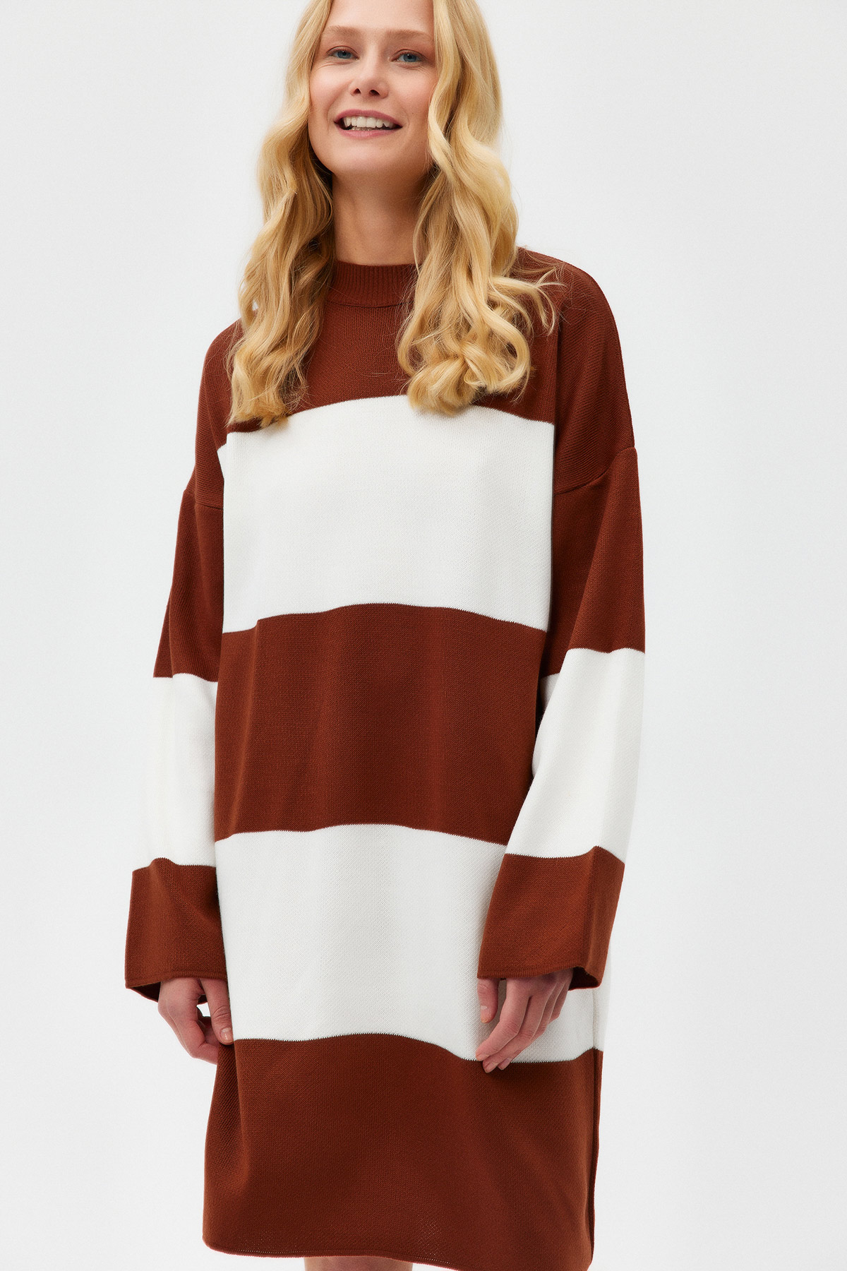 Oversize Bisiklet Yaka Çizgili Triko Tunik Elbise | Açelya Okçu 