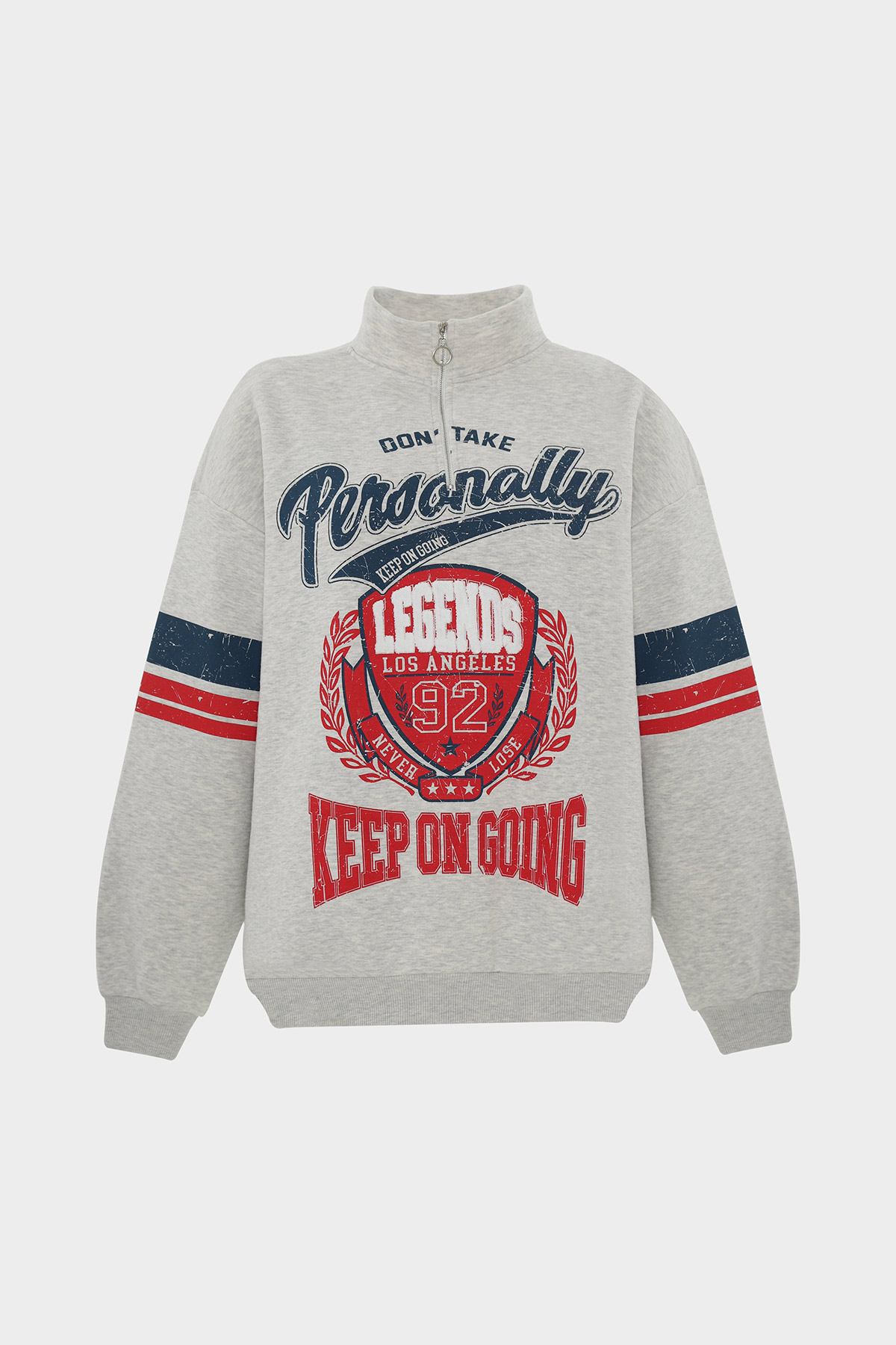 Oversize Yakası Fermuarlı Legends Sloganlı Sweatshirt | Açelya Okçu 