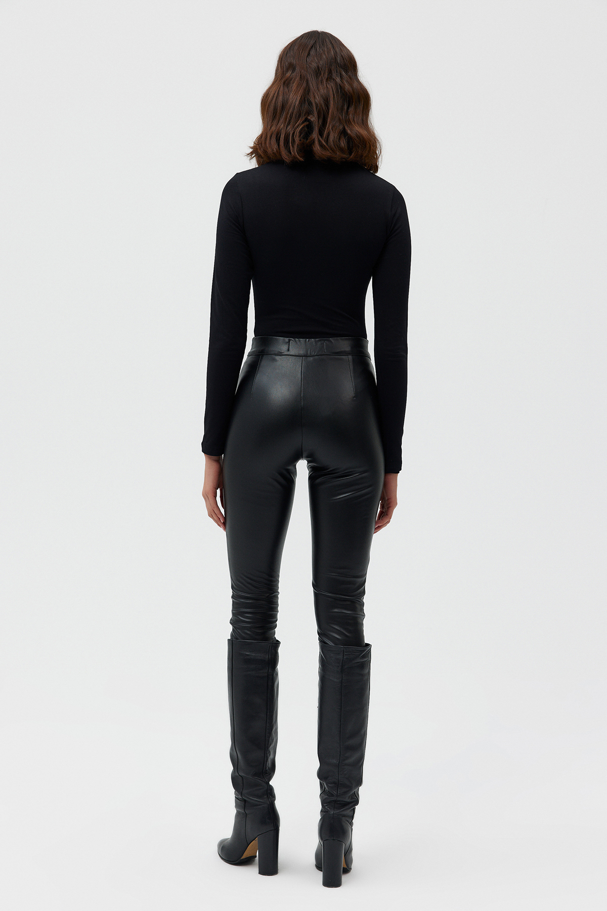 Yüksek Bel Paçası Fermuarlı Vegan Deri Skinny Pantolon | Açelya Okçu 