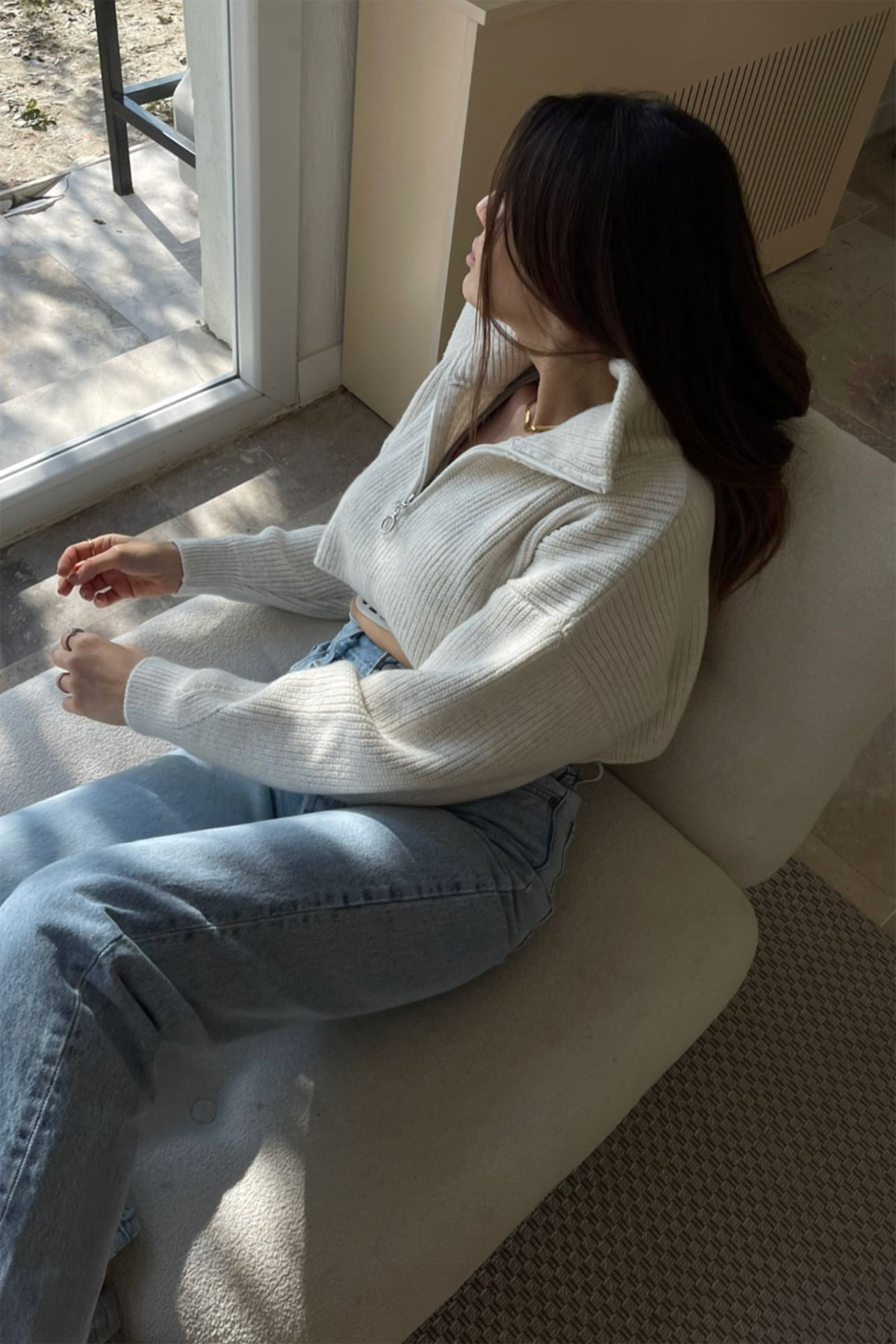 Premium Crop Dik Yaka Oversize Selanik Triko Kazak | Açelya Okçu 