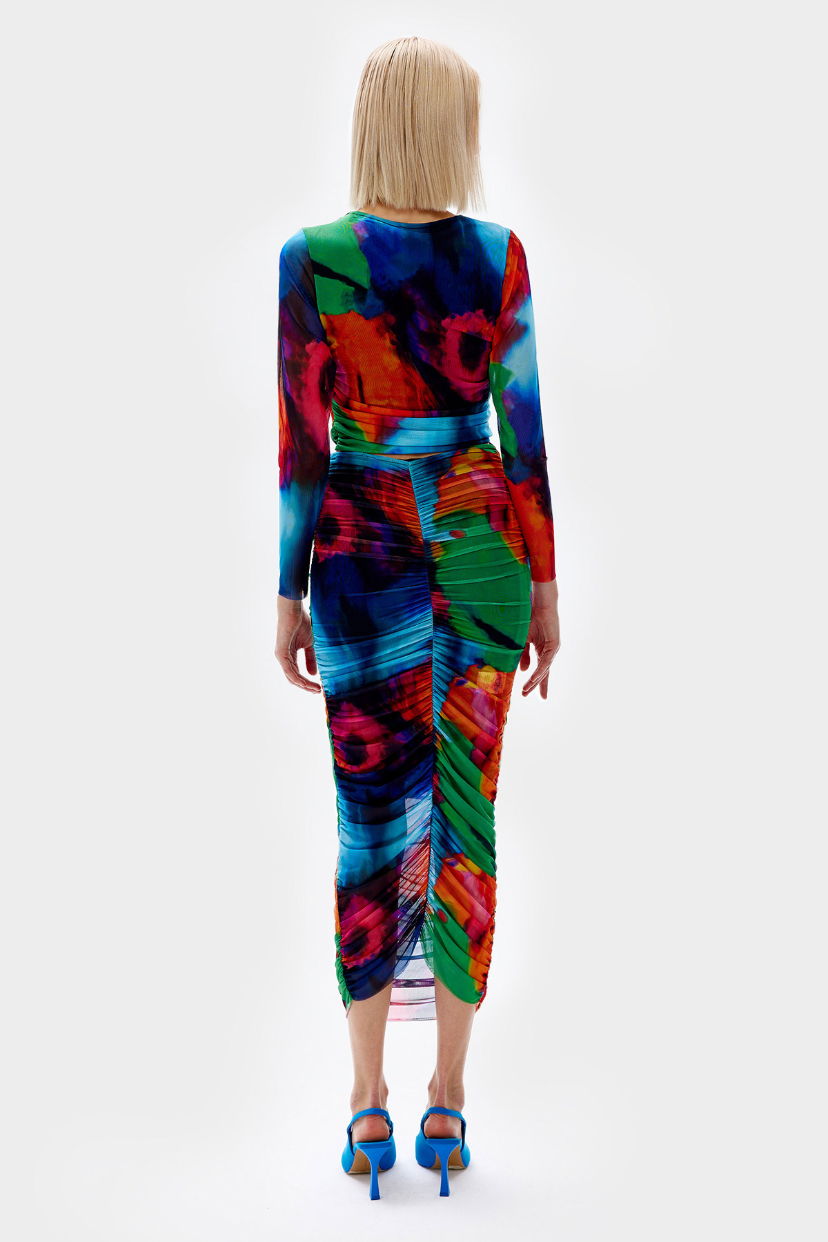 Batik Desenli Drape Detaylı Midi Boy Alt-Üst Tül Takım | Açelya Okçu 