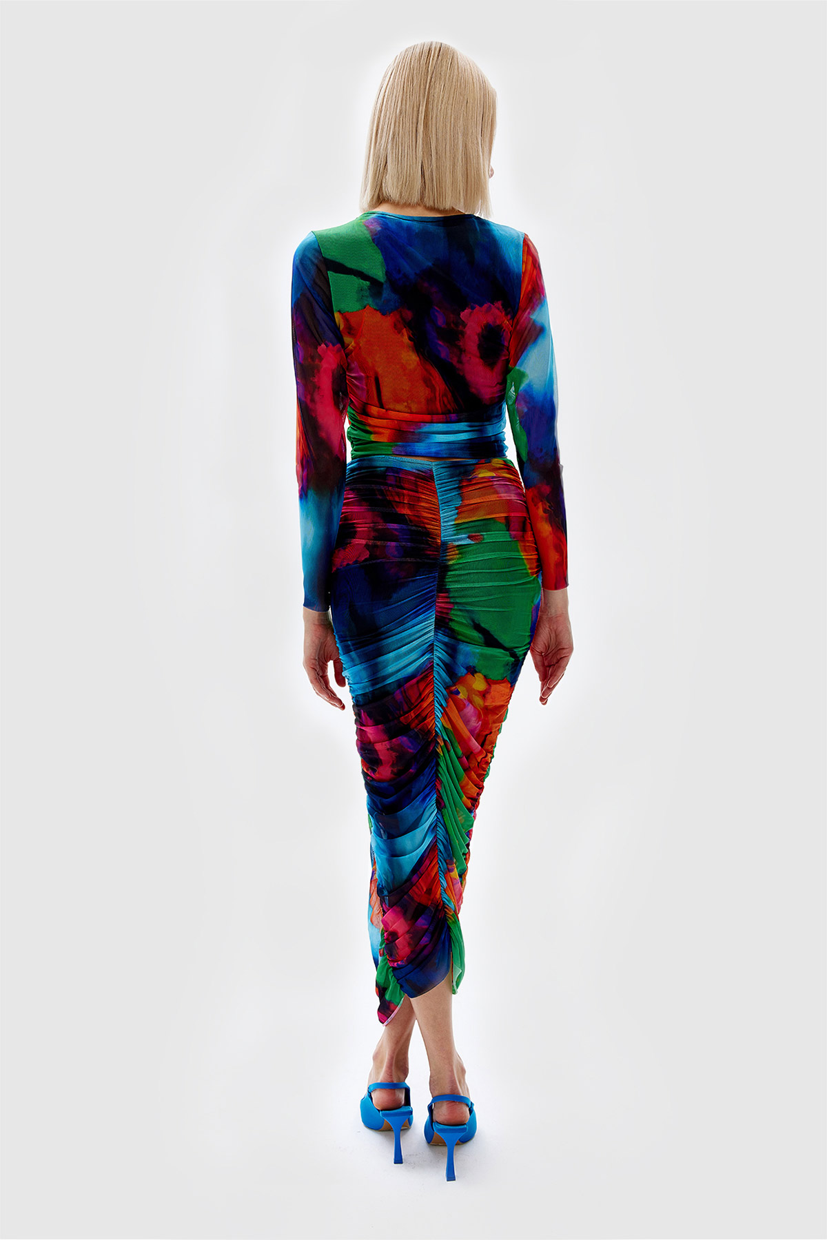 Batik Desenli Drape Detaylı Crop Tül Bluz | Açelya Okçu 