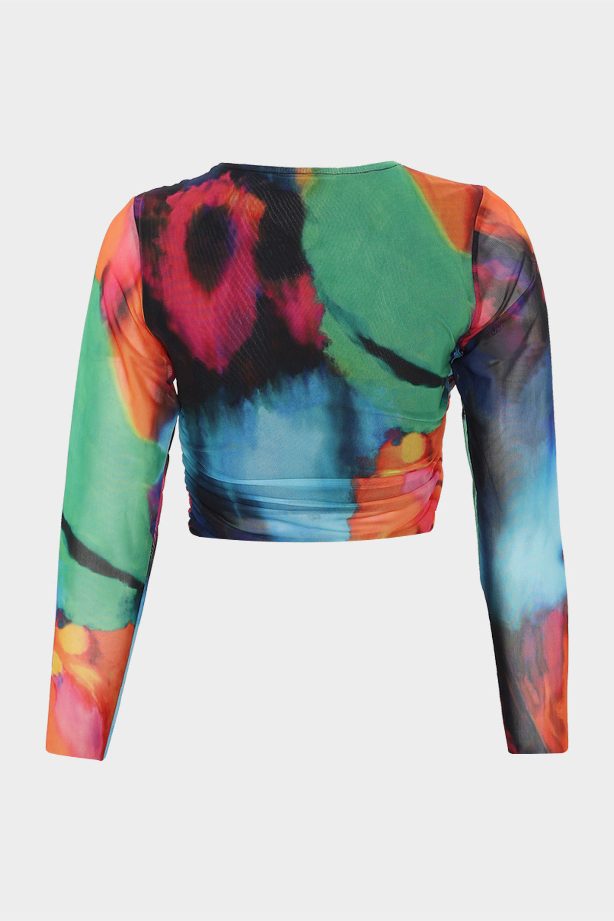 Batik Desenli Drape Detaylı Crop Tül Bluz | Açelya Okçu 