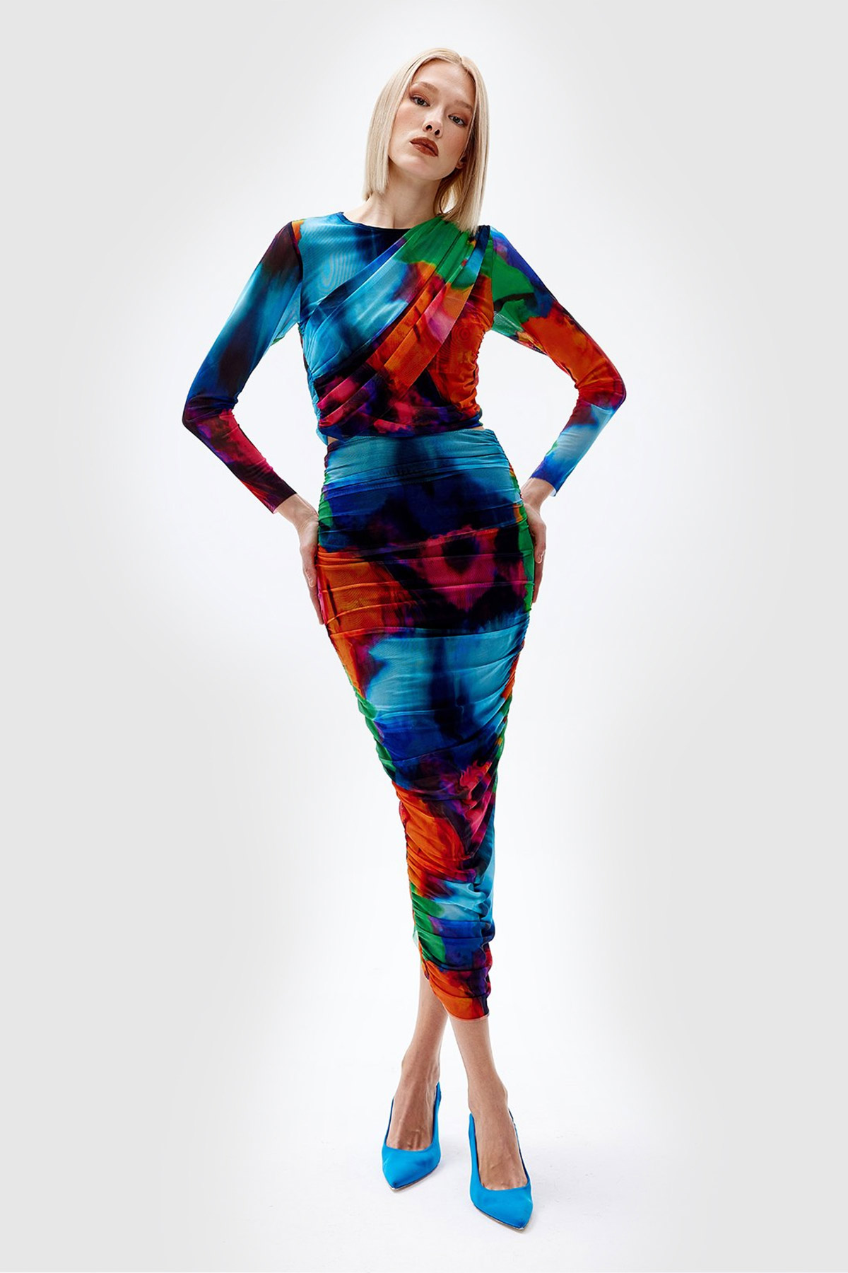Batik Desenli Drape Detaylı Crop Tül Bluz | Açelya Okçu 