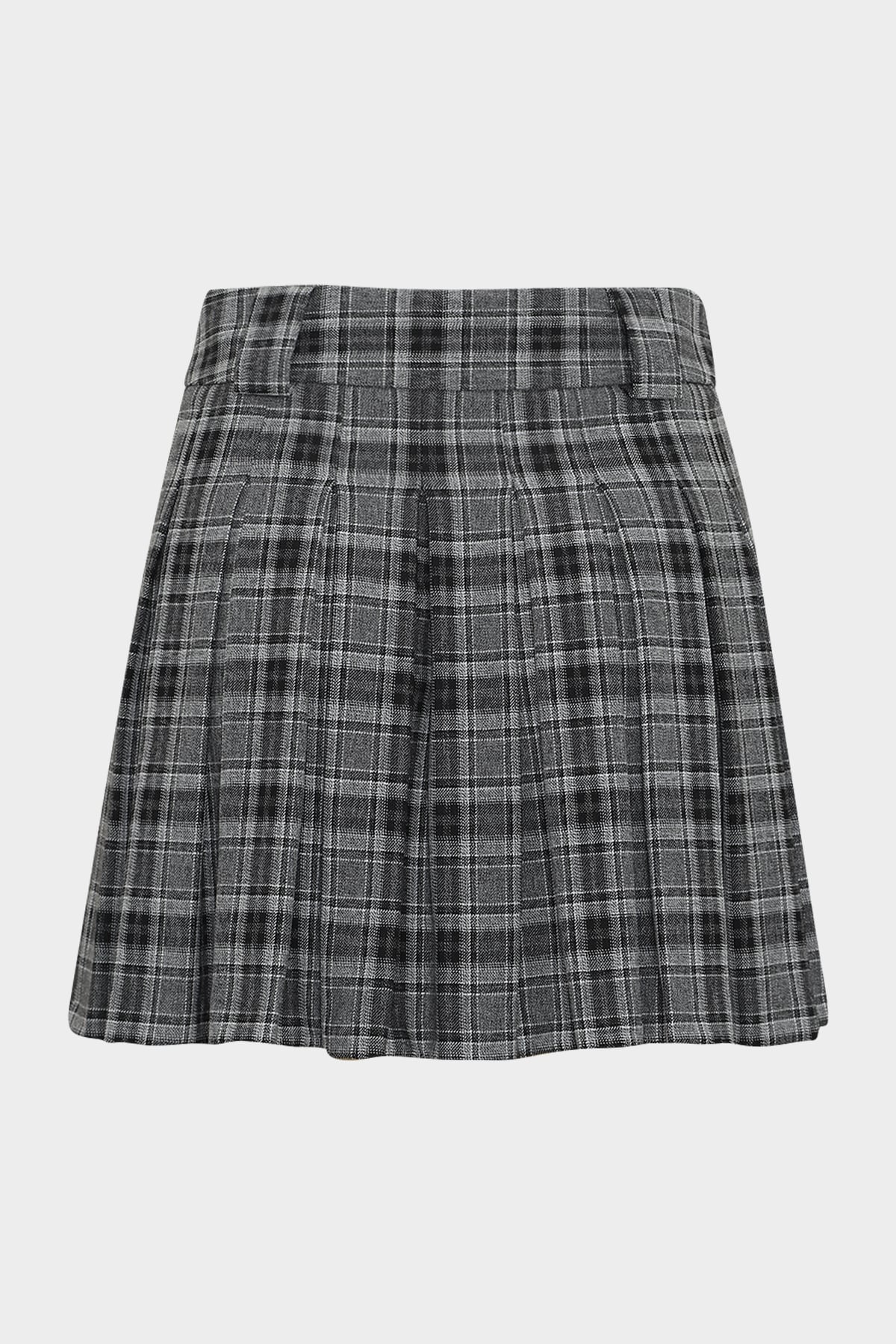 Pilise Detaylı Slim Fit Gabardin Ekose Kadın Mini Etek |  