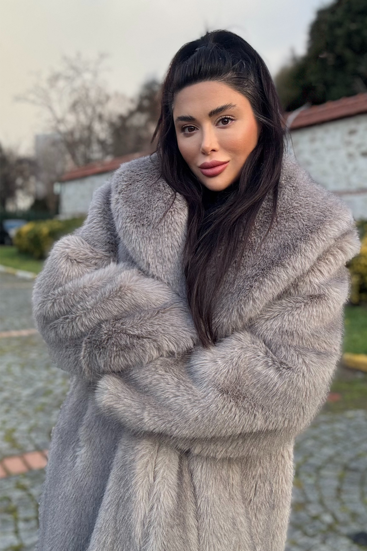 Premium Şal Yaka MOB WİFE Suni Kürk Maxi Kadın Kaban | Açelya Okçu