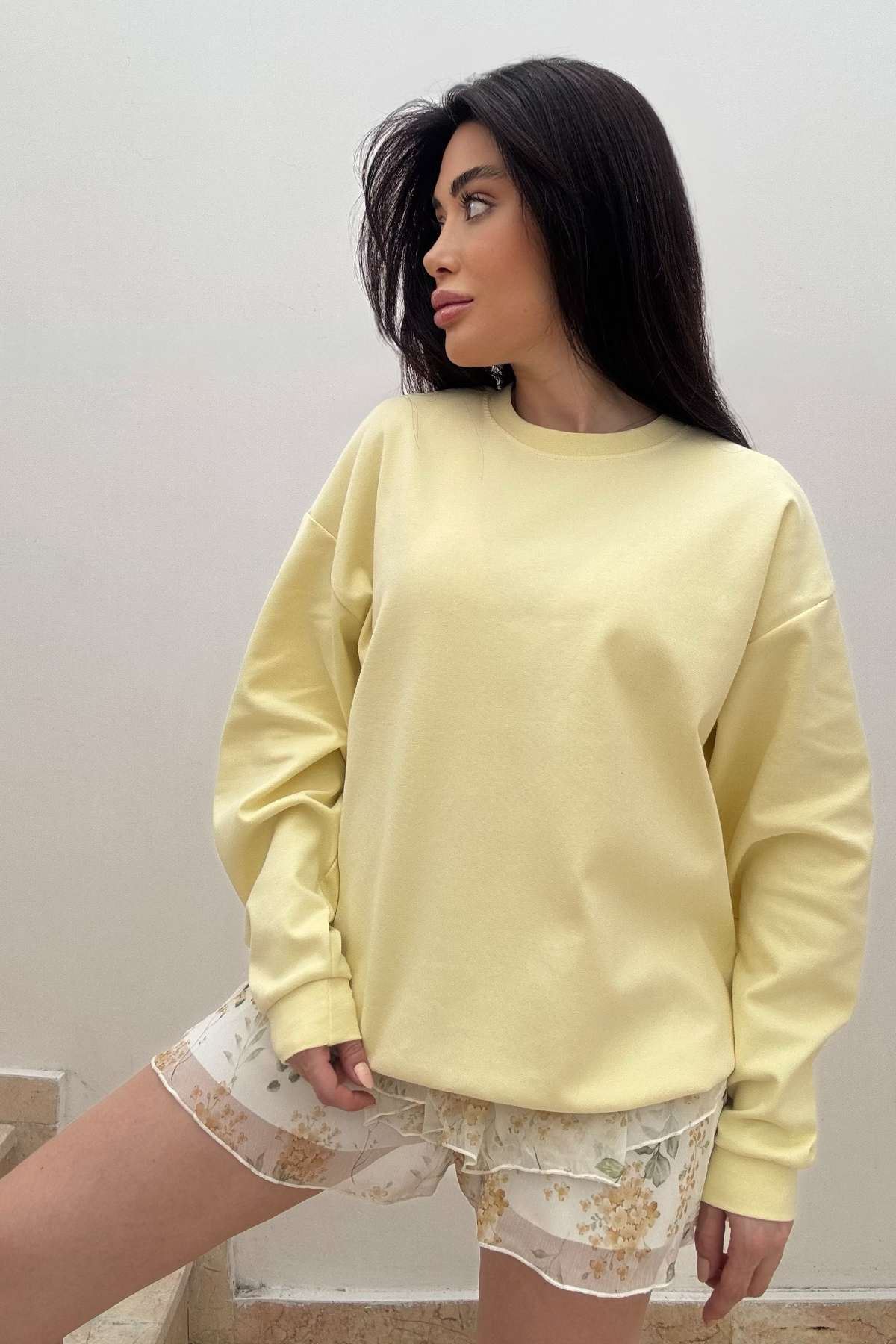 Premium Bisiklet Yaka Pamuklu Oversize Sweatshirt |  