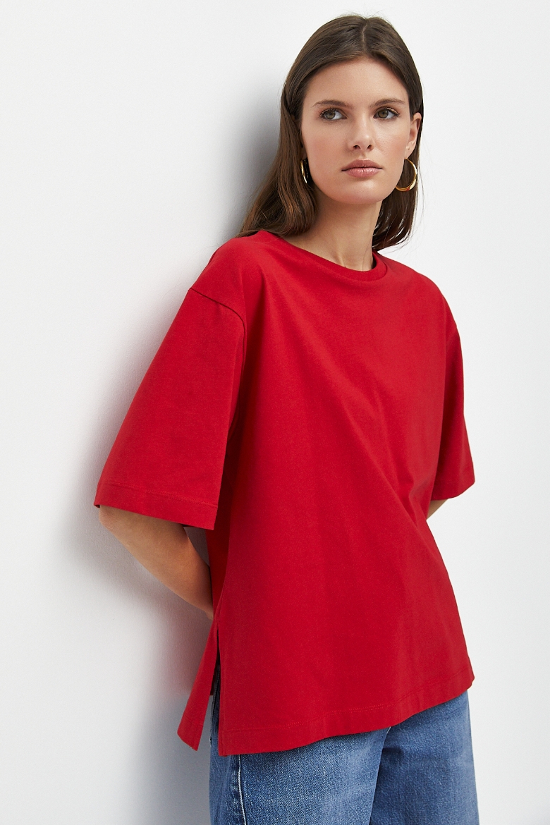 RY_9500 Oversize Yırtmaçlı T-Shirt-KOYU KIRMIZI