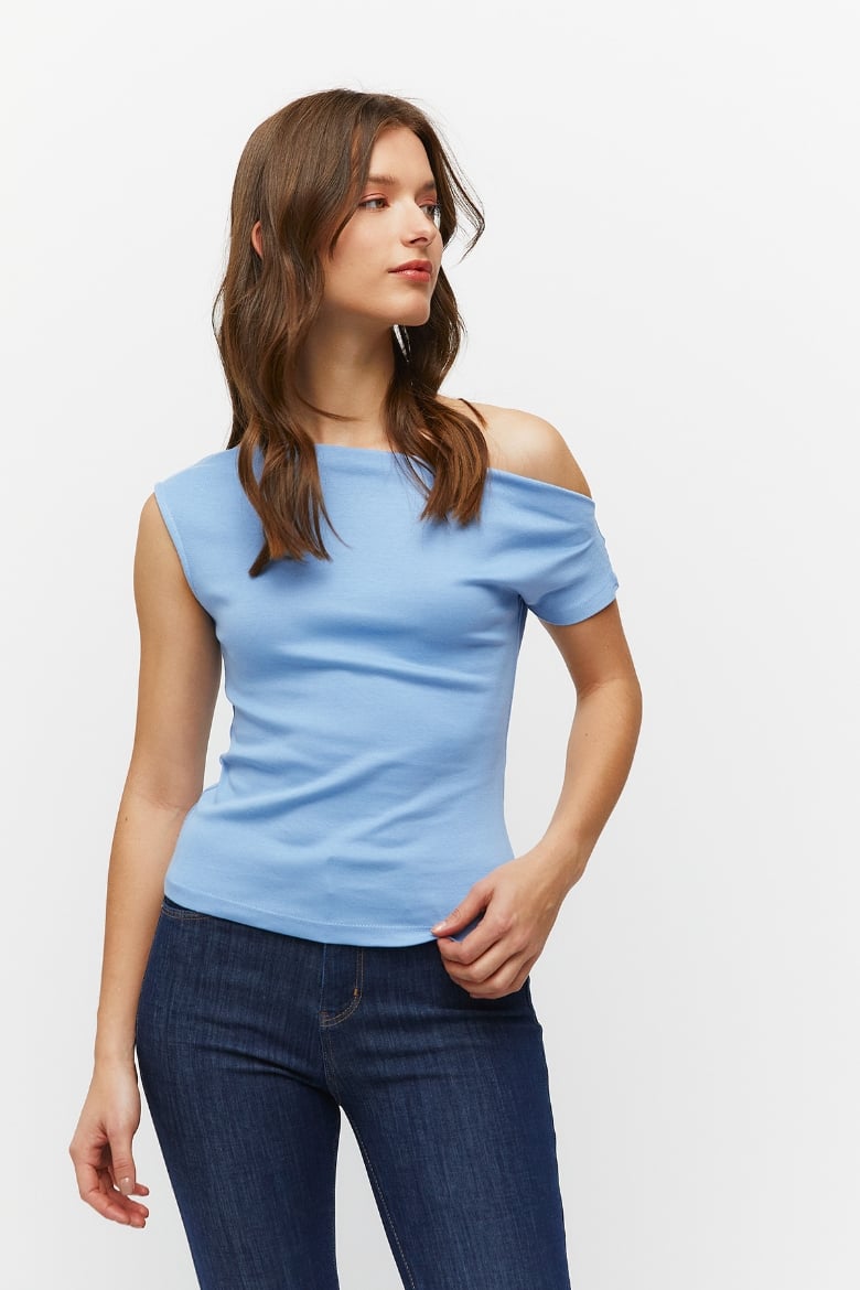 Asimetrik Yaka T-Shirt-MAVİ