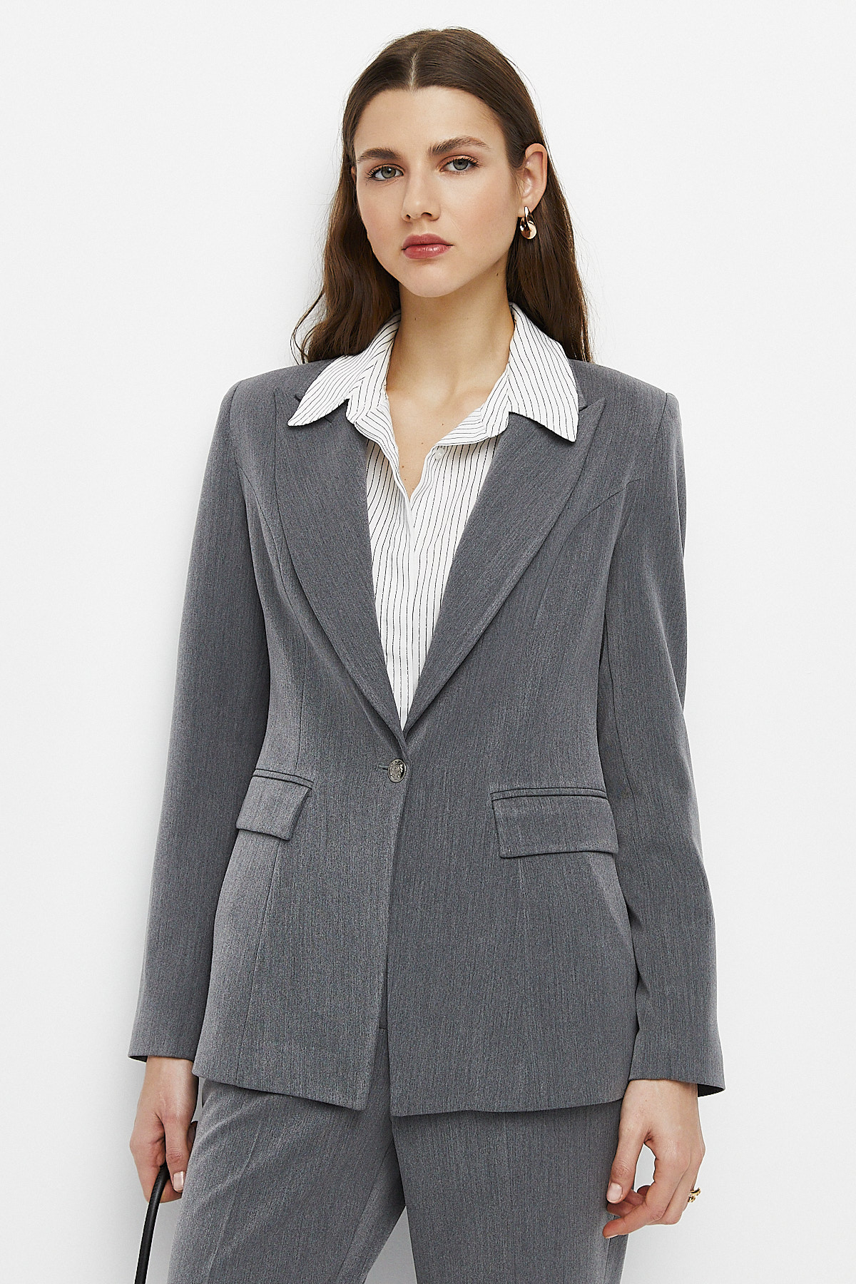 Tek Düğme Blazer Ceket-GRİ