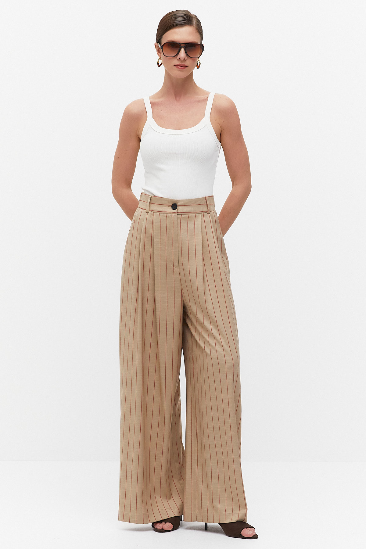 むちこ Çift Pileli Çizgili Pantolon-CAMEL