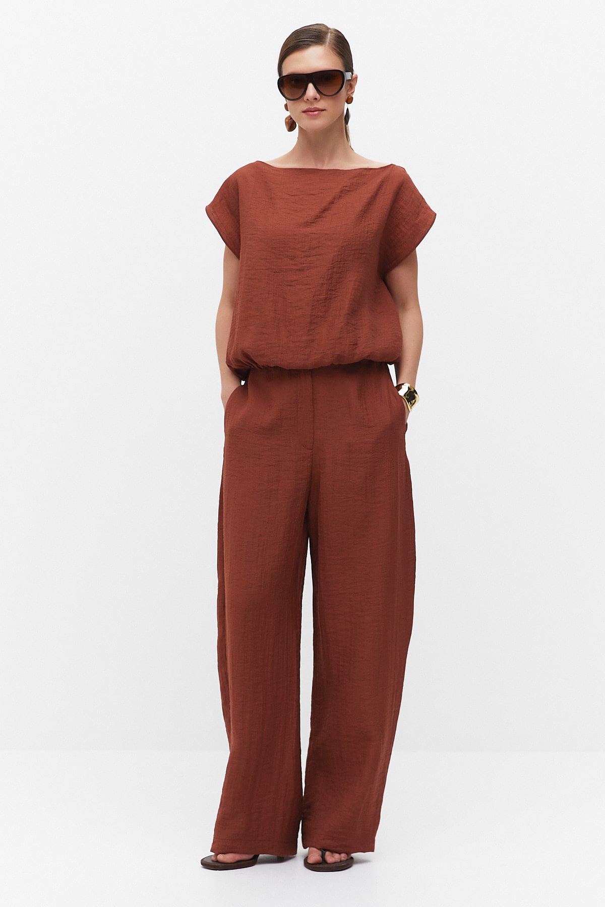 m♡ Kayık Yaka Oversize Bluz-KİREMİT
