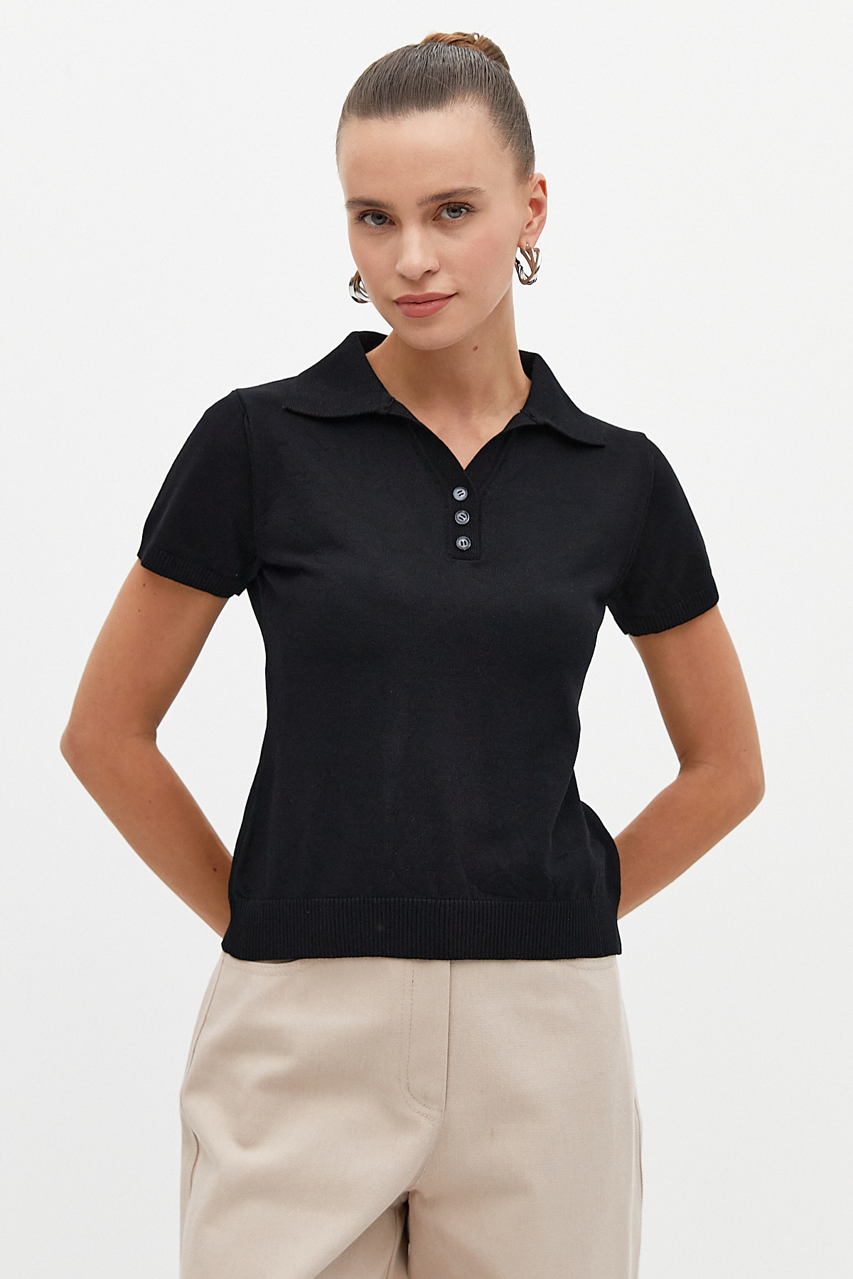 Polo Yaka Triko T-Shirt-SİYAH