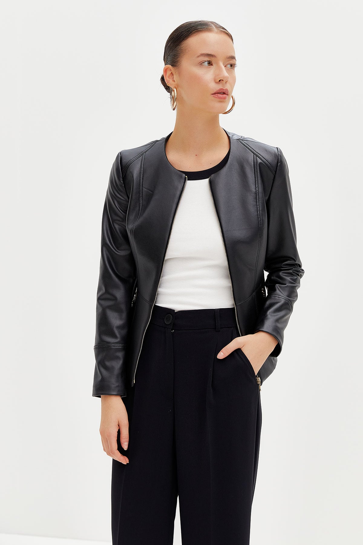 Metal Fermuarlı Deri Mont-SİYAH