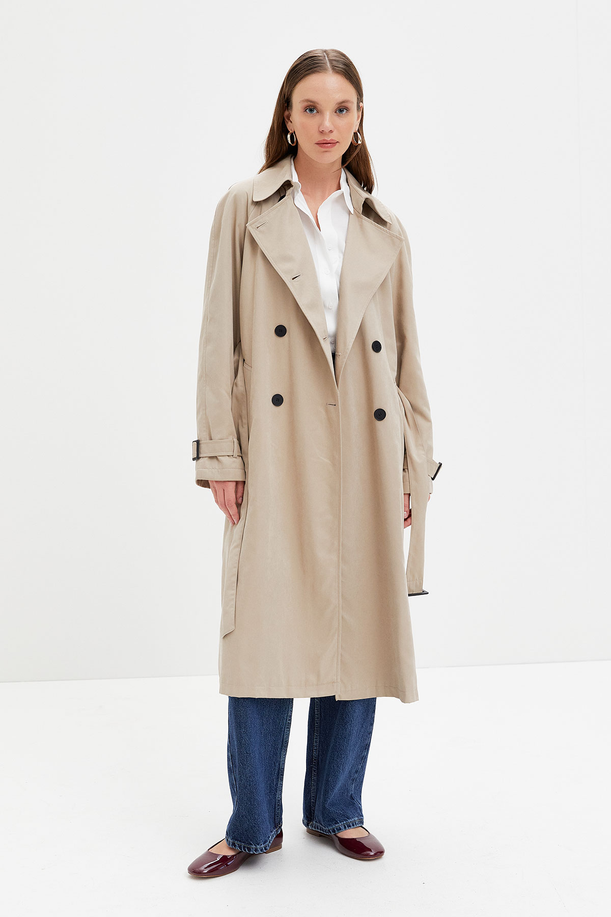 ひめ Oversize Kruvaze Trenchcoat-BEJ