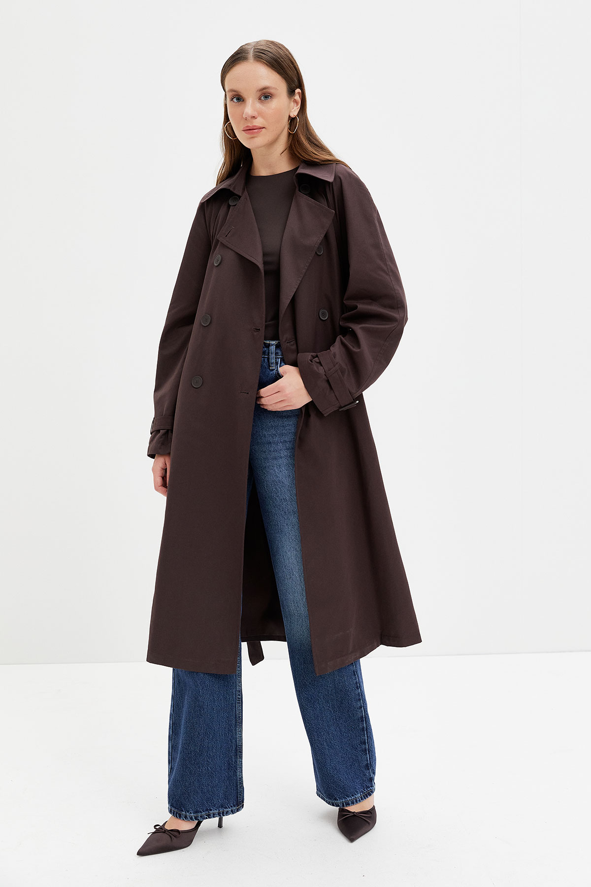 Oversize Kruvaze Trenchcoat-KAHVE