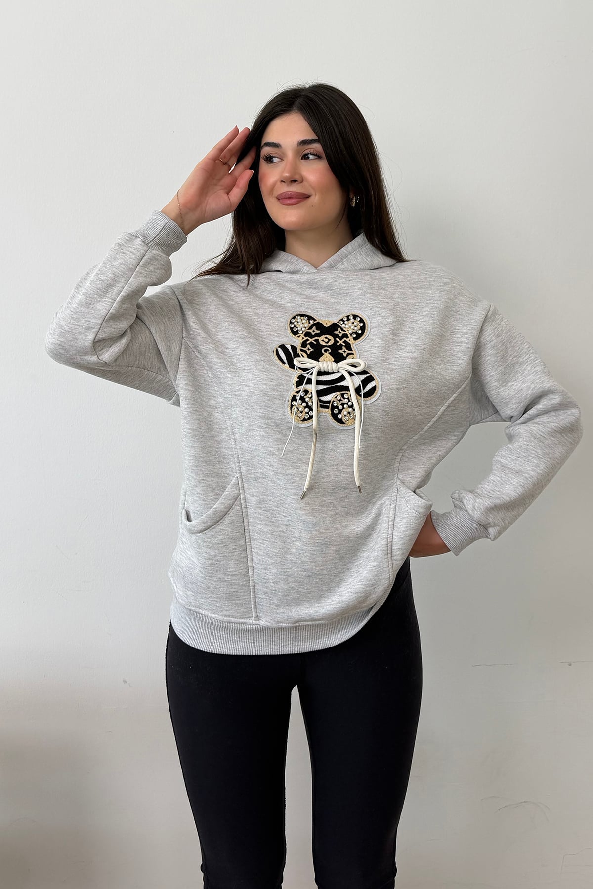 Kadın Ayıcık Aks Kapş 3İp Sweat-2685 - Gri
