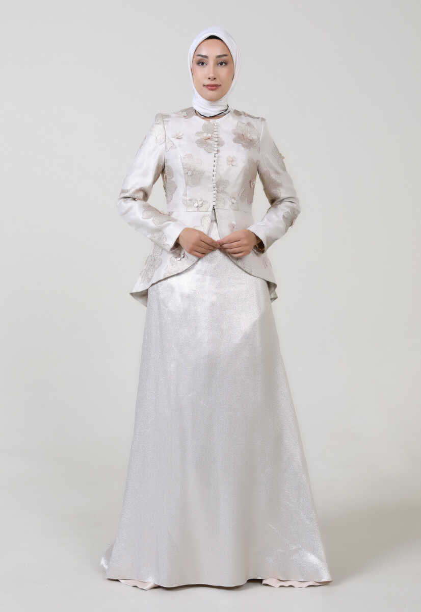 15y1027 Çiçek Desenli Ceketli Abiye Elbise, Tesettür Giyim