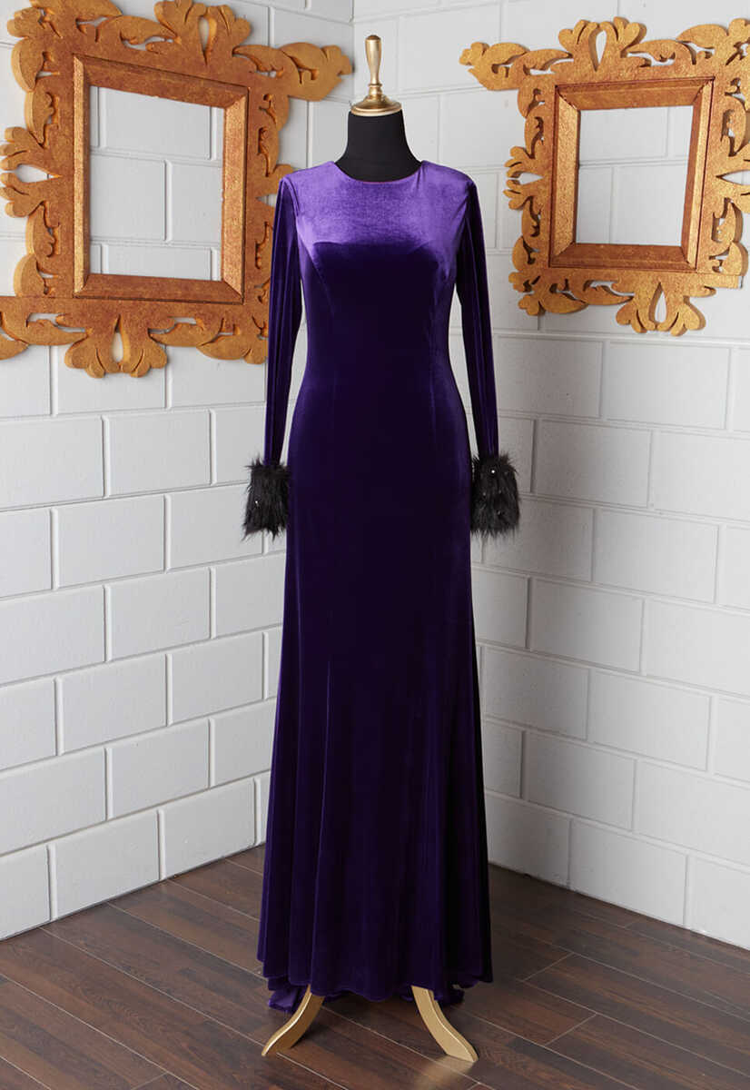 16k101009 Kolları Tül Detaylı Kadife Abiye, Tesettür Giyim