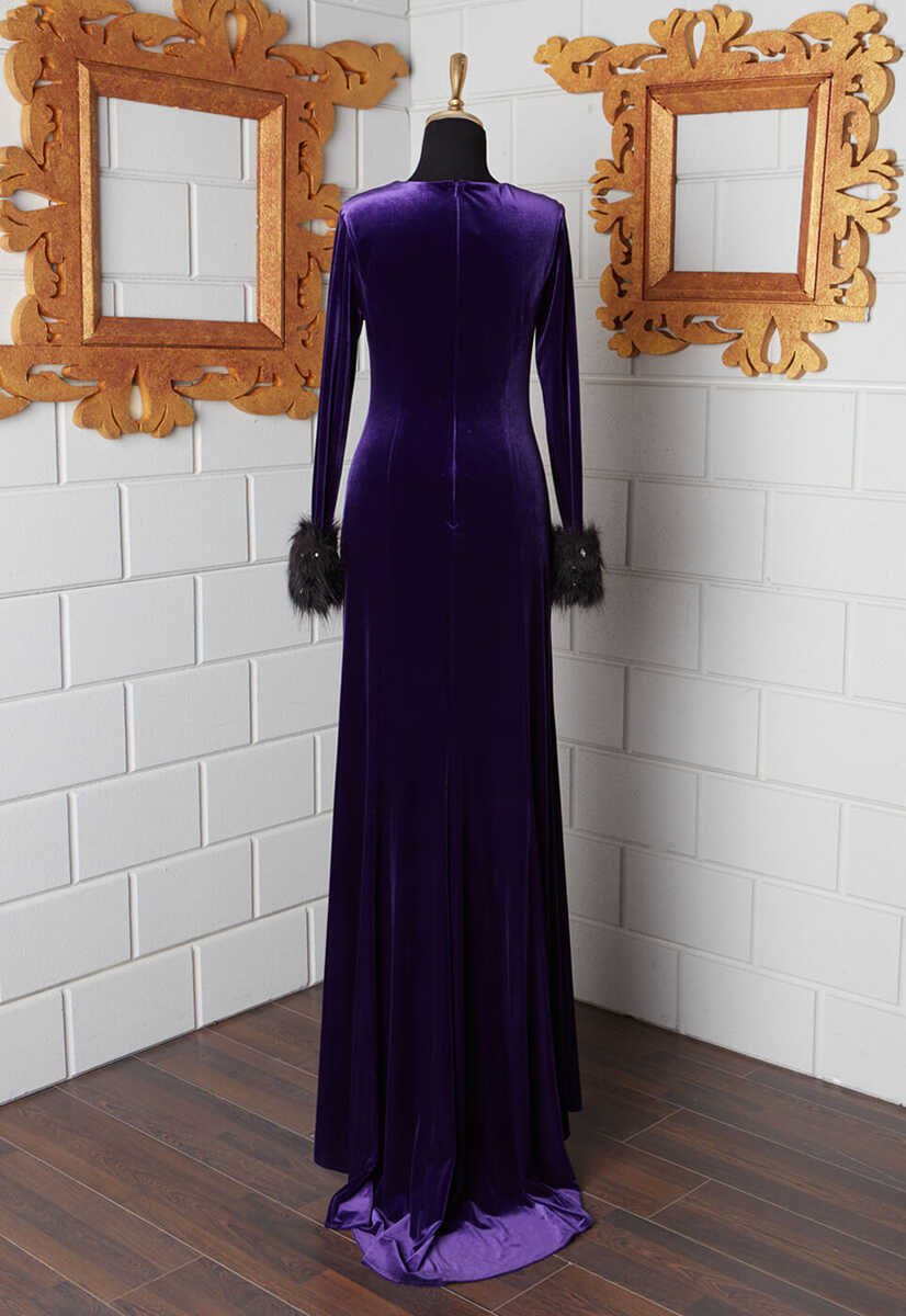 16k101009 Kolları Tül Detaylı Kadife Abiye, Tesettür Giyim