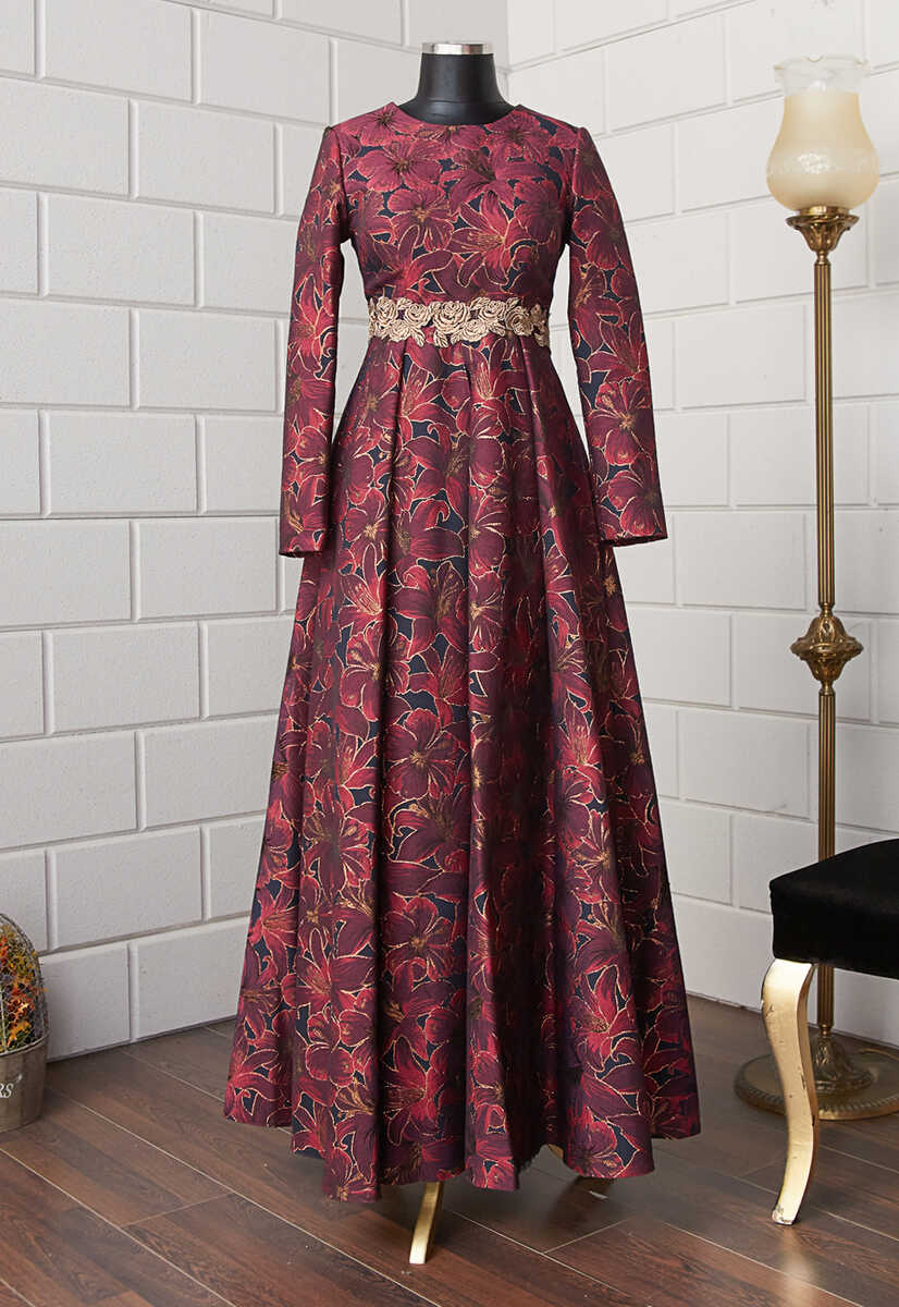 171014 Çiçek Desenli Dökümlü Abiye, Tesettür Giyim