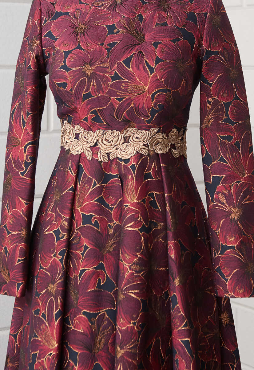 171014 Çiçek Desenli Dökümlü Abiye, Tesettür Giyim