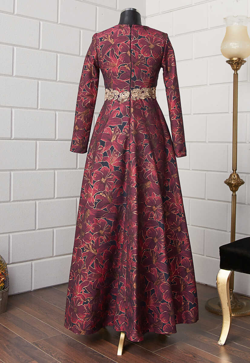 171014 Çiçek Desenli Dökümlü Abiye, Tesettür Giyim