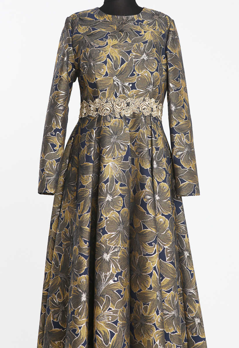 171014 Çiçek Desenli Dökümlü Abiye, Tesettür Giyim