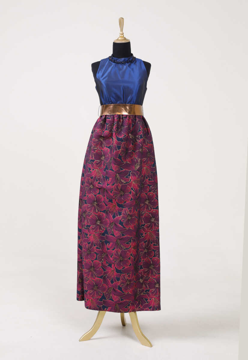 171052 KEMER DETAYLI ÇİÇEK DESENLİ ABİYE