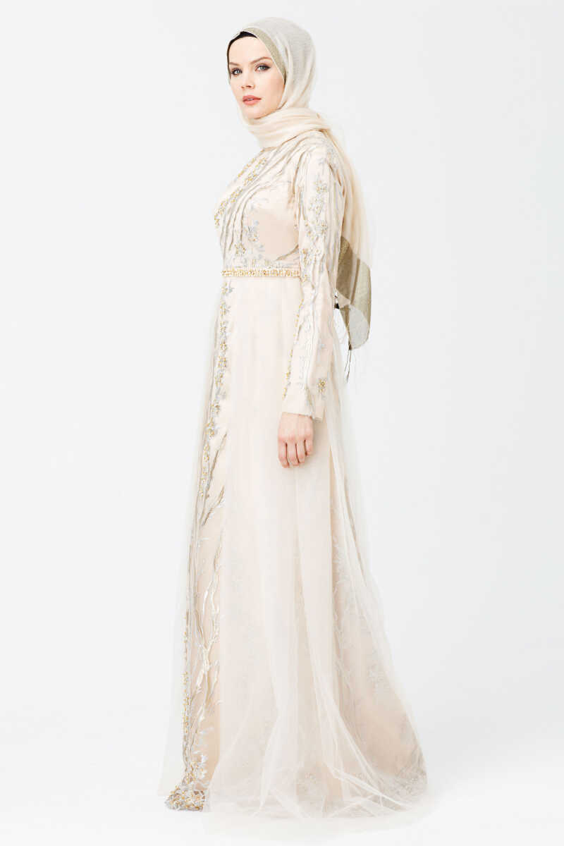 1841 İŞLEMELİ TÜL DETAYLI ABİYE, Tesettür Giyim