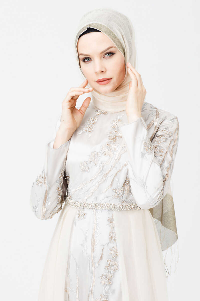 1841 İŞLEMELİ TÜL DETAYLI ABİYE, Tesettür Giyim