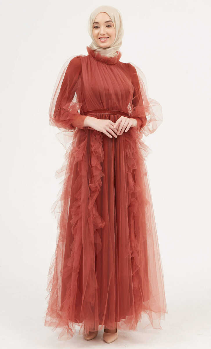 372 VOLANLI TÜL ELBİSE, Tesettür Giyim
