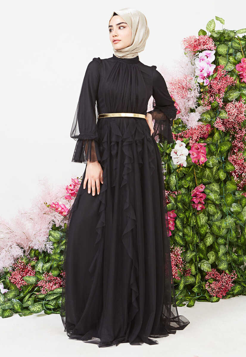 2121000 Tül detaylı kemerli abiye, Tesettür Giyim