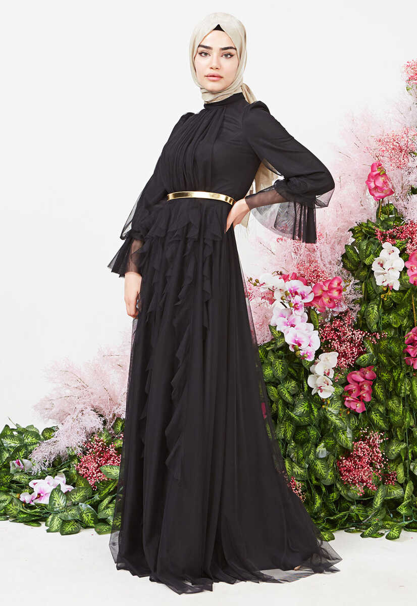 2121000 Tül detaylı kemerli abiye, Tesettür Giyim