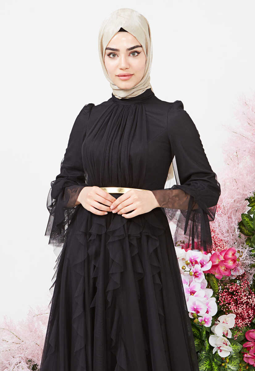 2121000 Tül detaylı kemerli abiye, Tesettür Giyim
