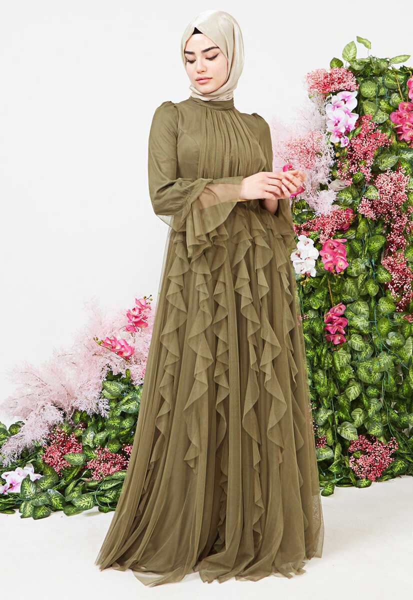 2121000 Tül detaylı kemerli abiye, Tesettür Giyim