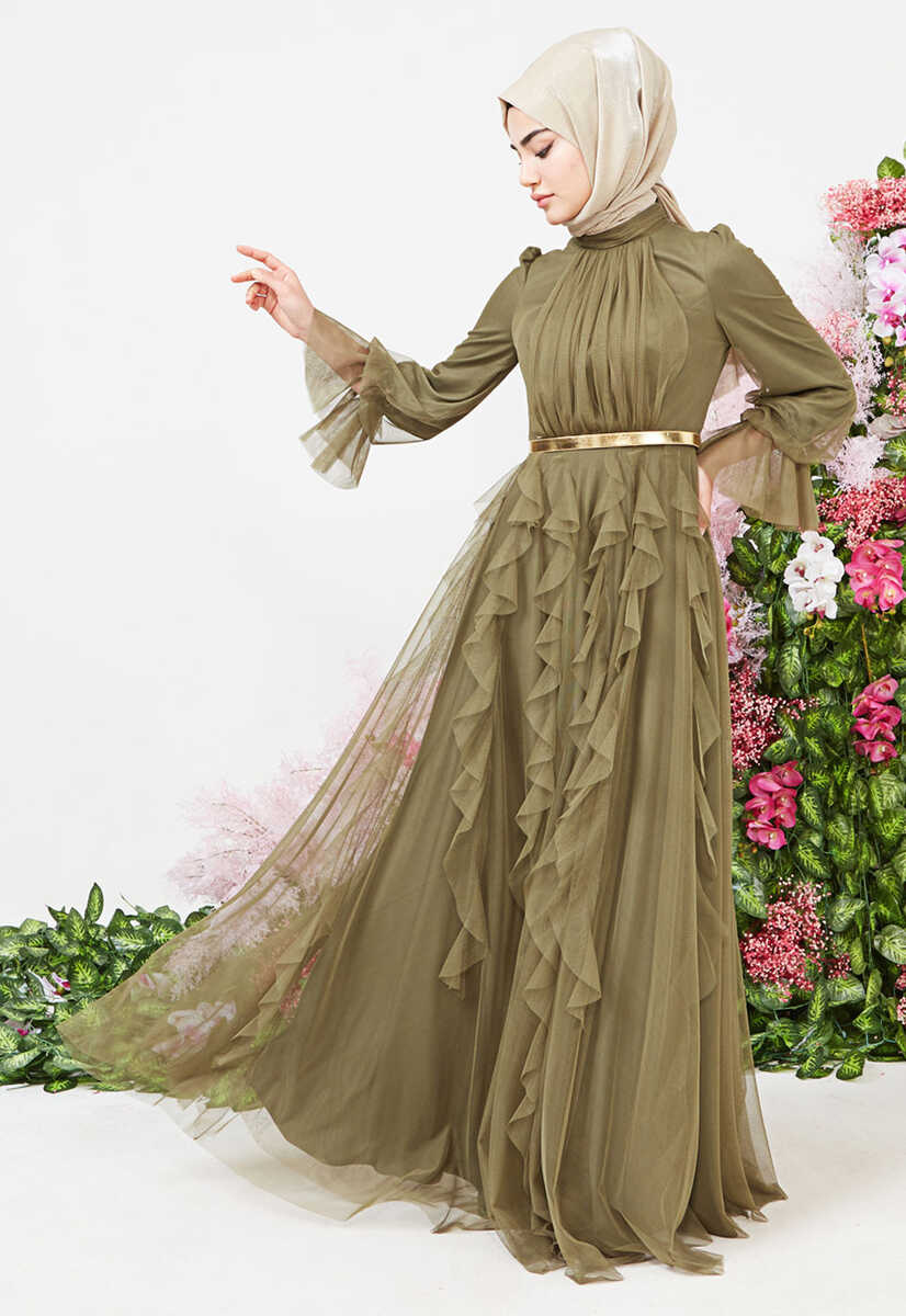 2121000 Tül detaylı kemerli abiye, Tesettür Giyim