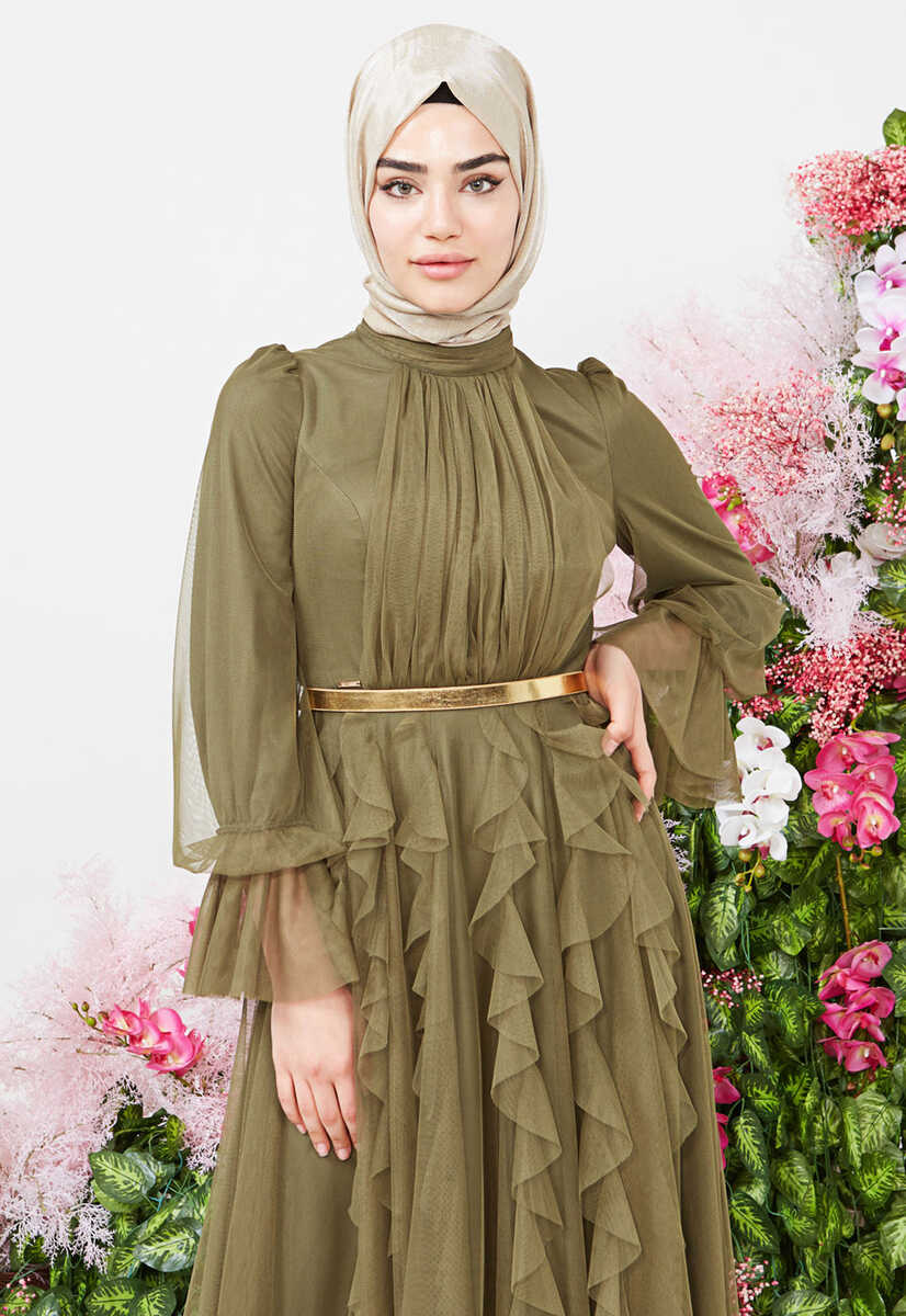 2121000 Tül detaylı kemerli abiye, Tesettür Giyim