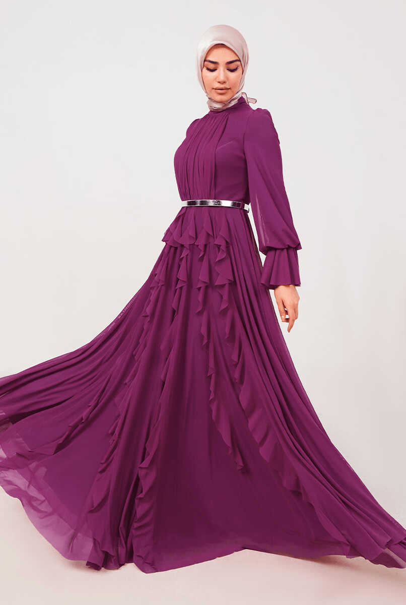 2121000 Tül detaylı kemerli abiye, Tesettür Giyim