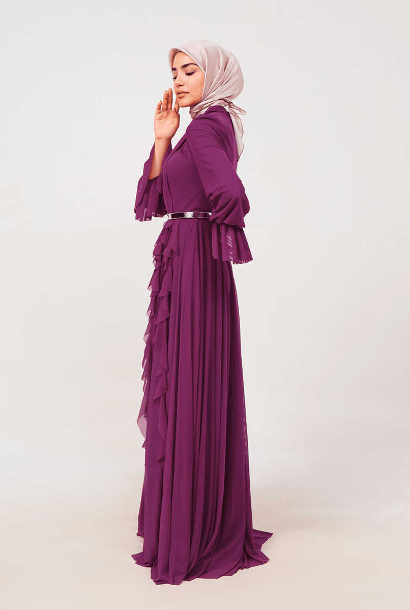 2121000 Tül detaylı kemerli abiye, Tesettür Giyim